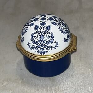 Halcyon Days 1¾" Enamel Blue & White Domed Lid Medici Ring Box for Neiman Marcus